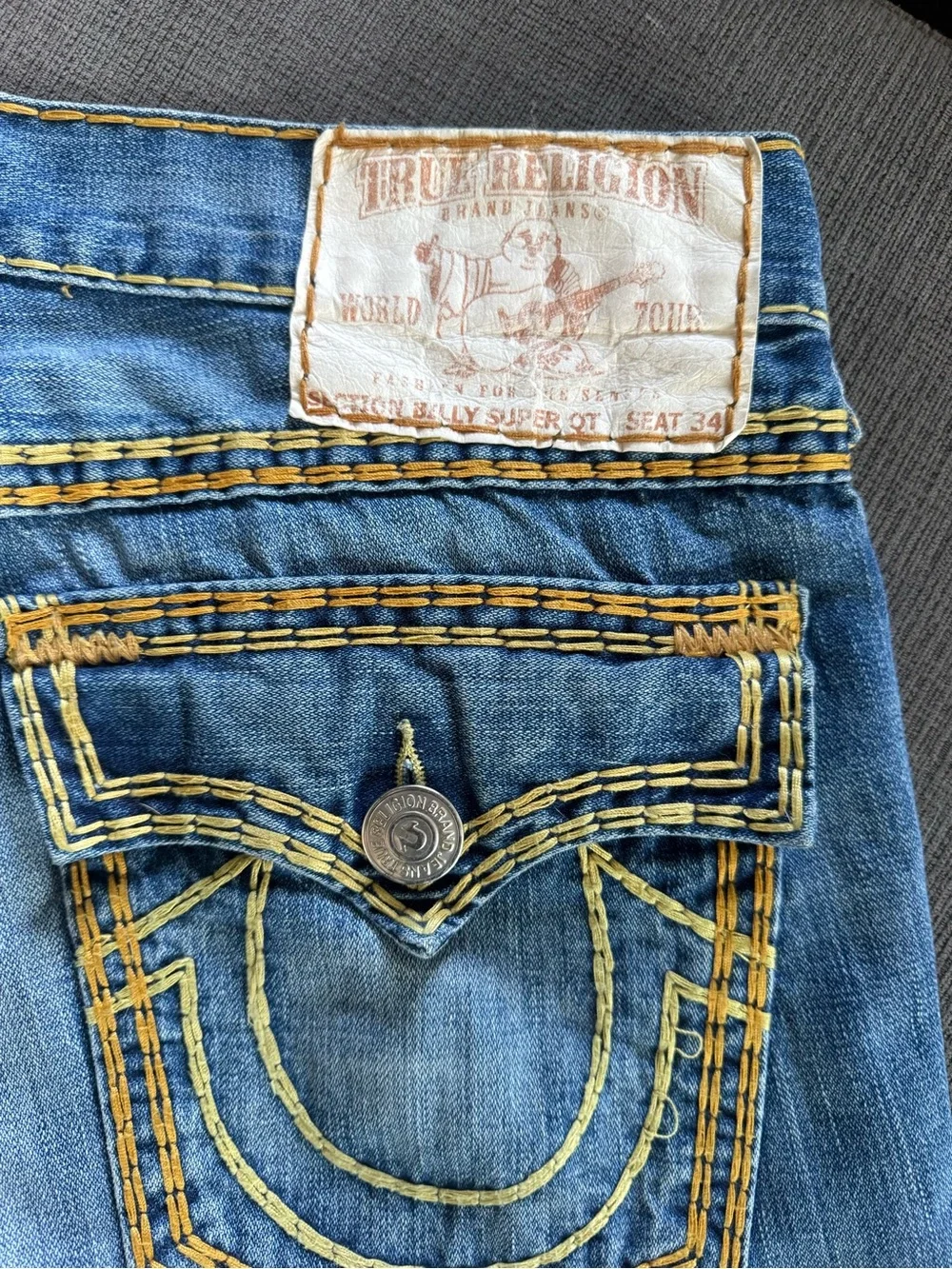 True Religion RICKY SUPER QT Blue Bootcut Jeans with Yellow Stitching RARE